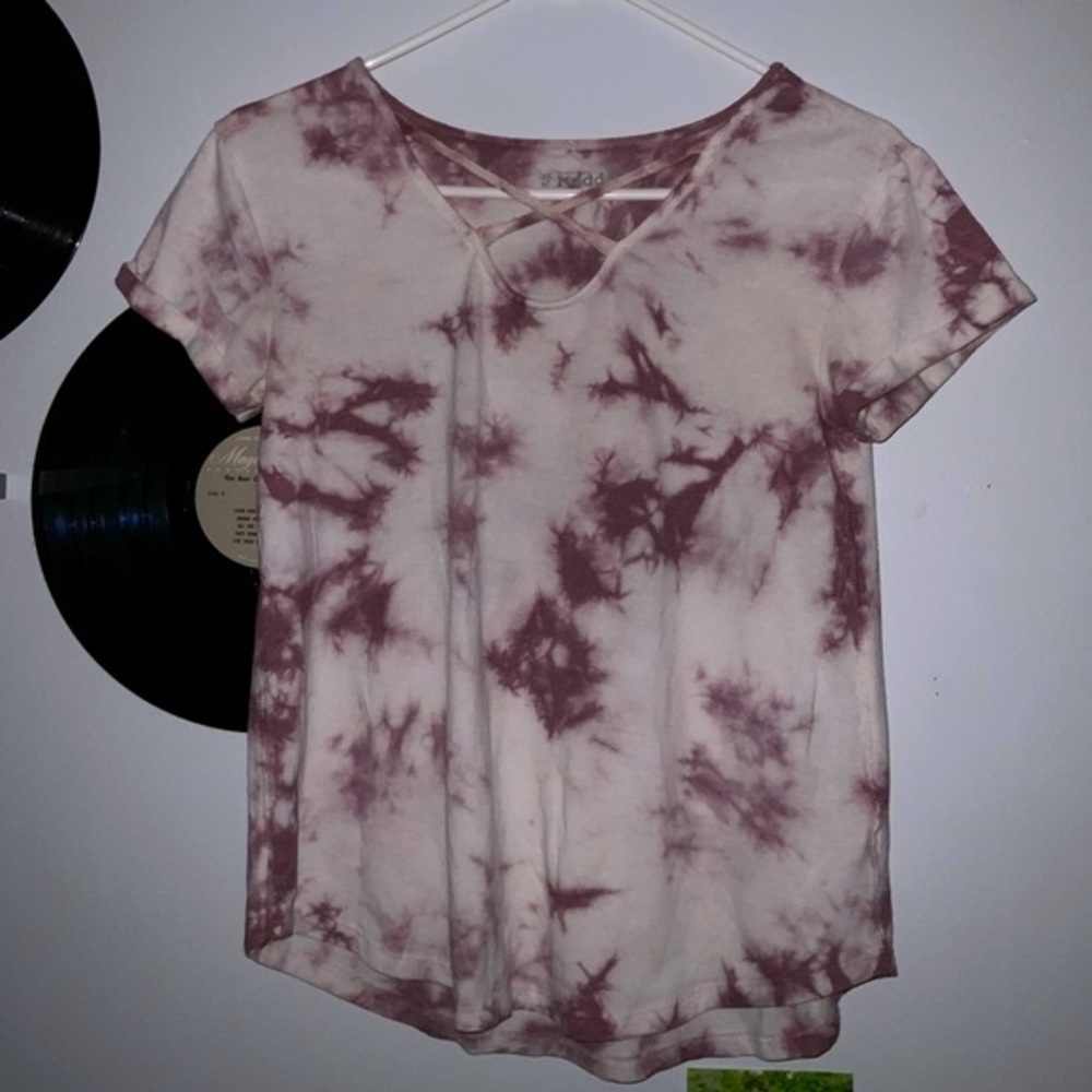 Pink and purple tie dye/marble top, X on the front